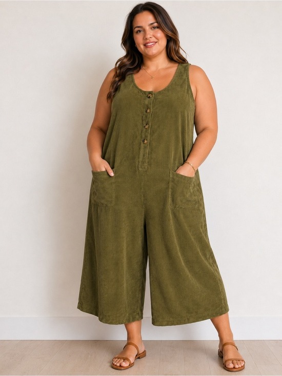 Modcloth Pants - NWT ModCloth Olive Corduroy Wide Leg Jumpsuit XL Button Front Pockets